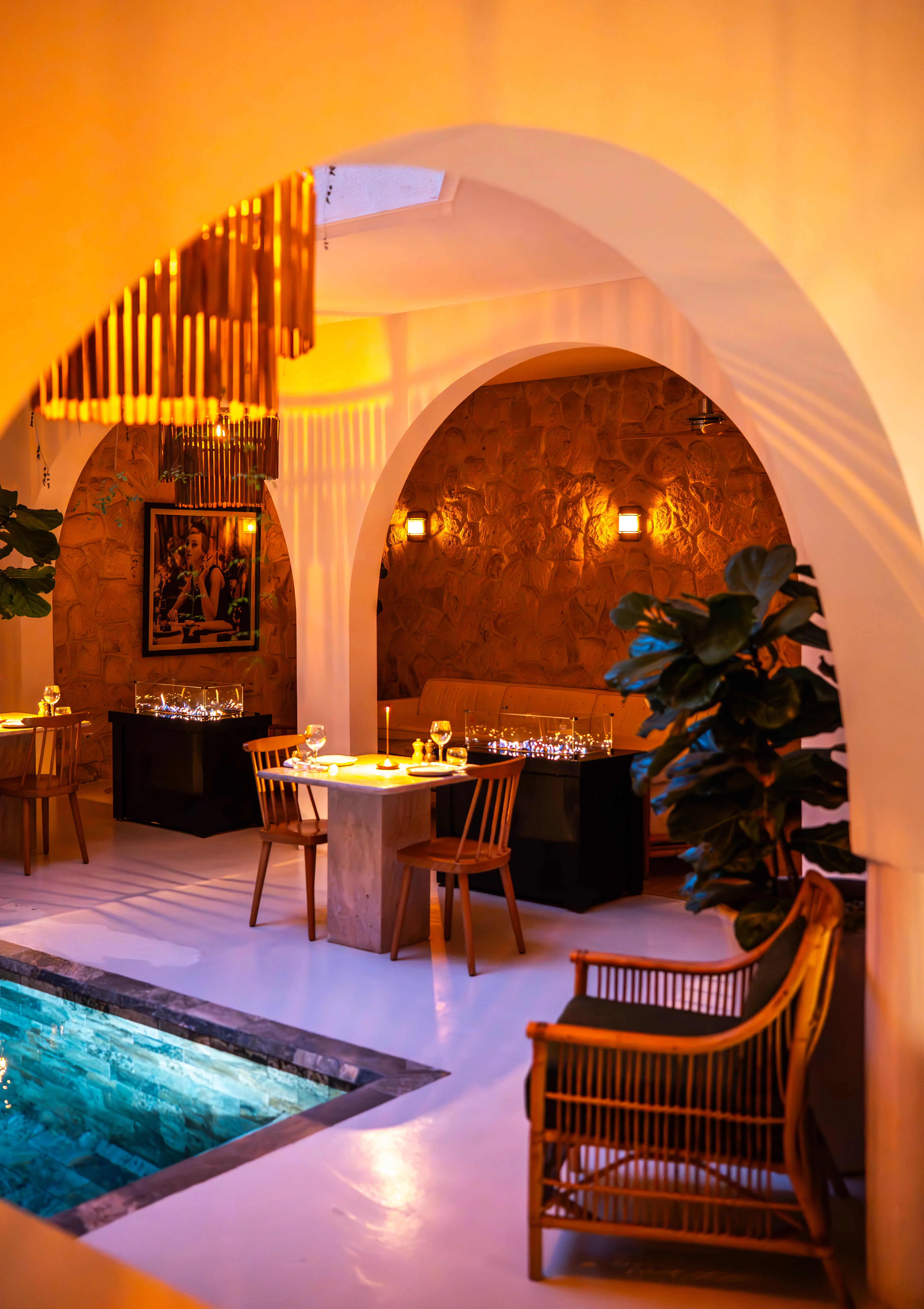 Romantic dining area with warm lighting, perfect for intimate candlelit dinners in Marrakech